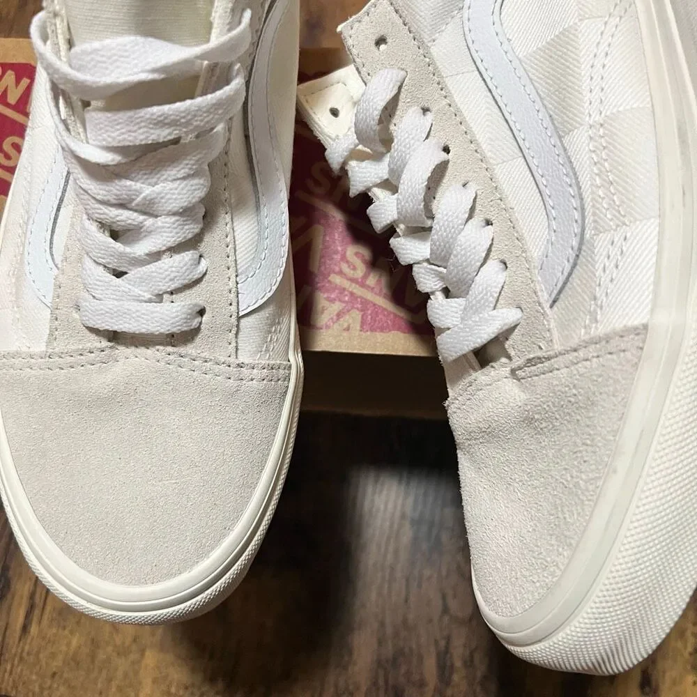 Vans Old Skool White Satin Large Checkered Pattern with Suede 8.5 women’s